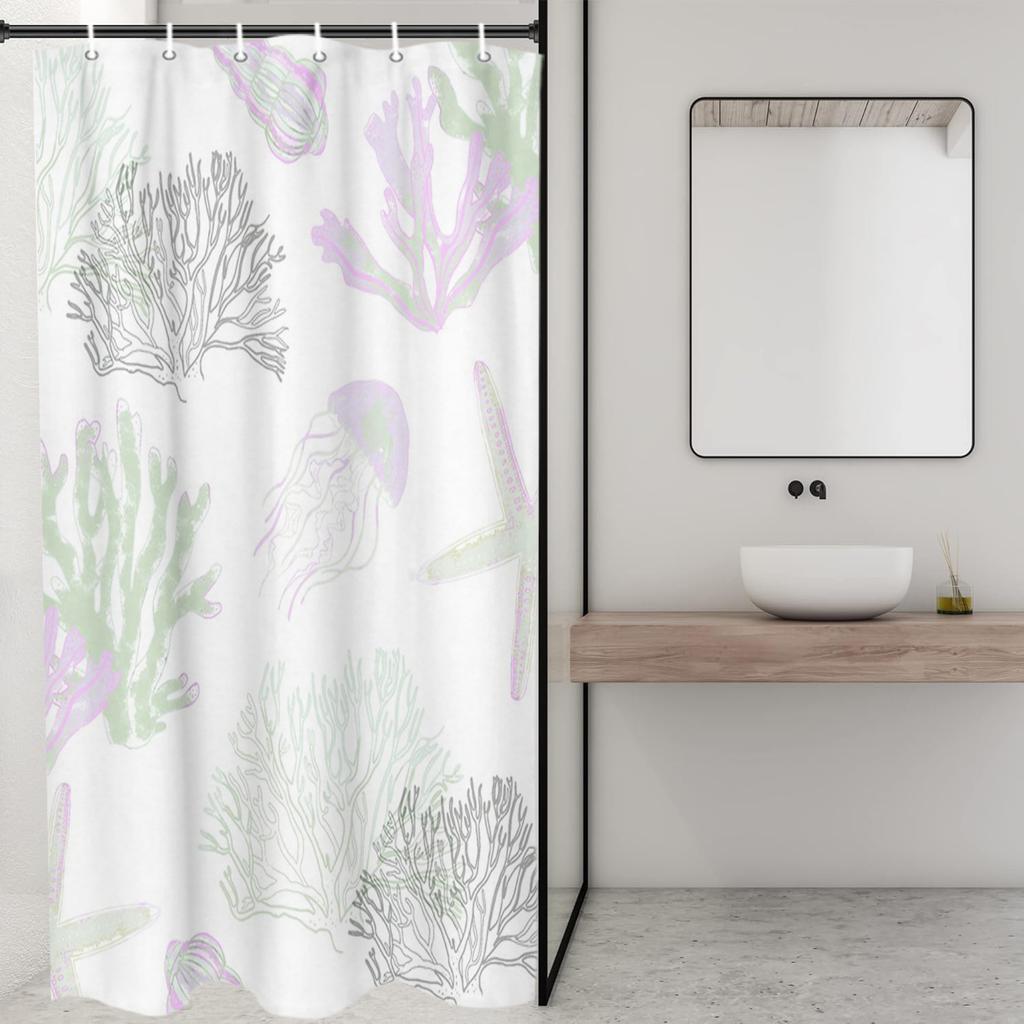 1pc Nautical Marine Life Shower Curtain, Coral & Starfish Design, Polyester Bath Decor, Ocean Theme, Machine Washable