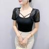 Summer Mesh Black T-shirt Chic Cross Hollow Out Hot Diamonds Tees Sexy Square Collar Short Sleeve Women's Tops Blouse
