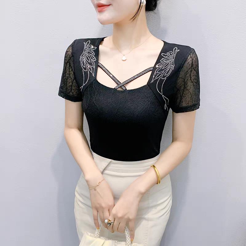 Summer Mesh Black T-shirt Chic Cross Hollow Out Hot Diamonds Tees Sexy Square Collar Short Sleeve Women's Tops Blouse