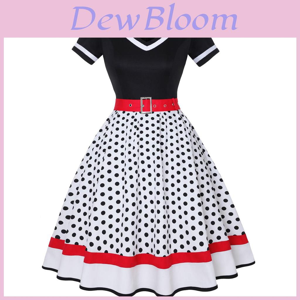 Vintage Polka Dot V Neck Maxi Dress With Piping For Evening Wear