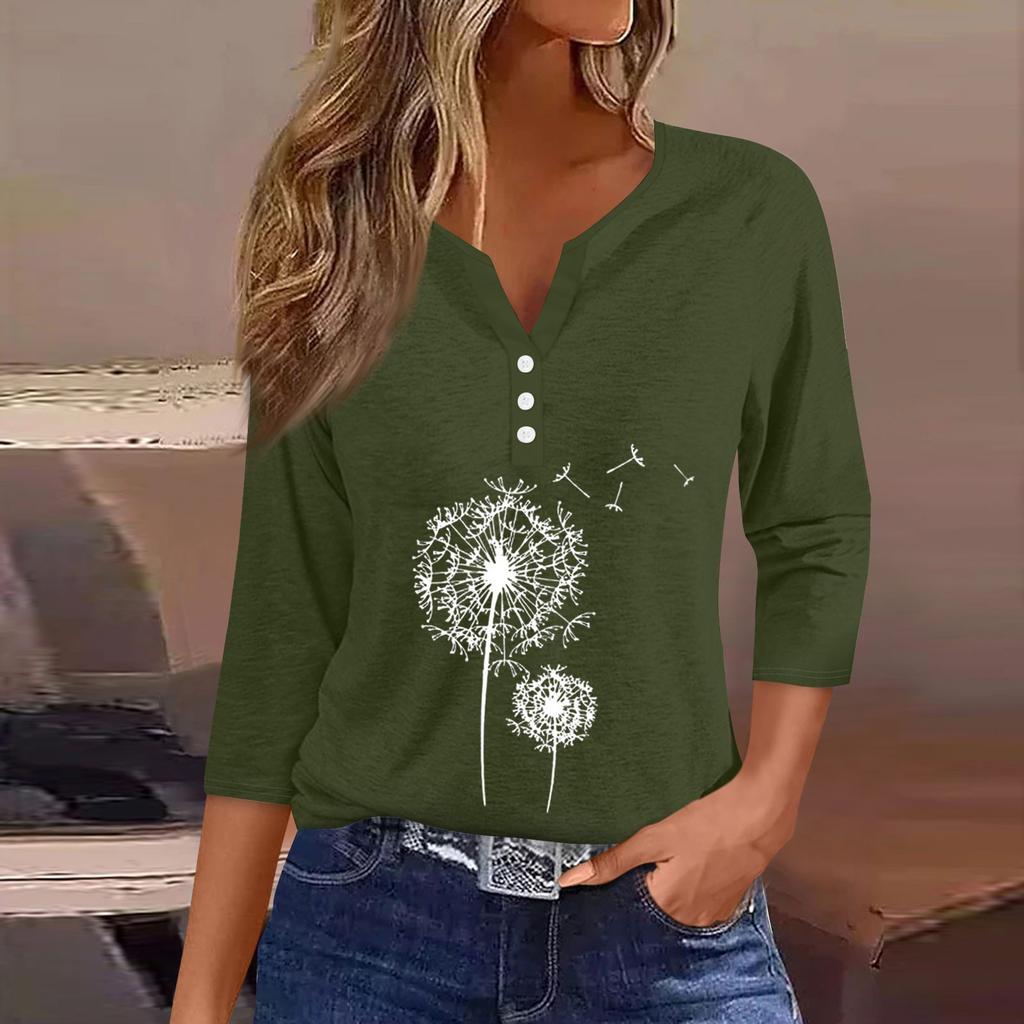 Women's T Shirt Tee Print Button  3/4 SleeveDaily Weekend Fashion Basic V- Neck Regular Top