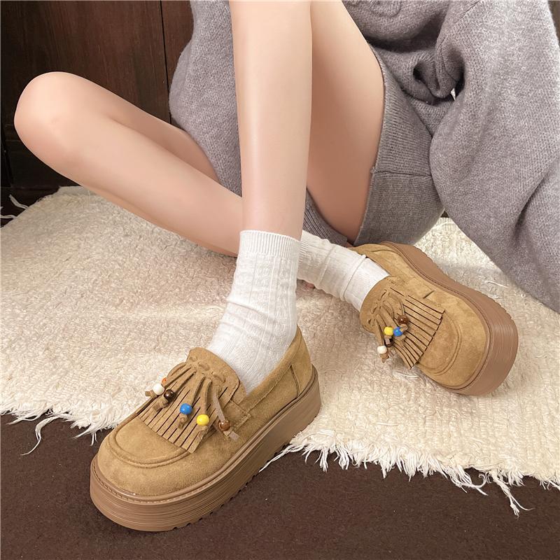 Fashion Loafers Autumn New Round Toe Deep Mouth Suede Tassel Slip-on Platform Non-Slip Wear-Resistant Single Shoes