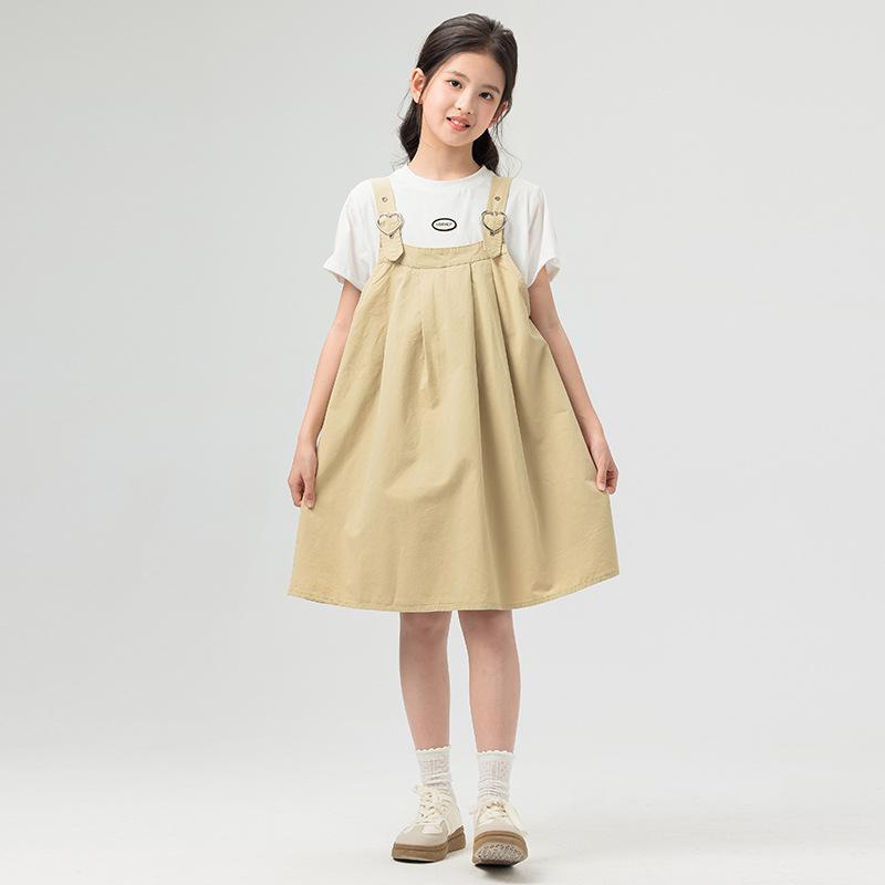 Girls' Casual Belted Dress Set - Summer Children's Sweet Top and Short-sleeved T-shirt + Dress Set
