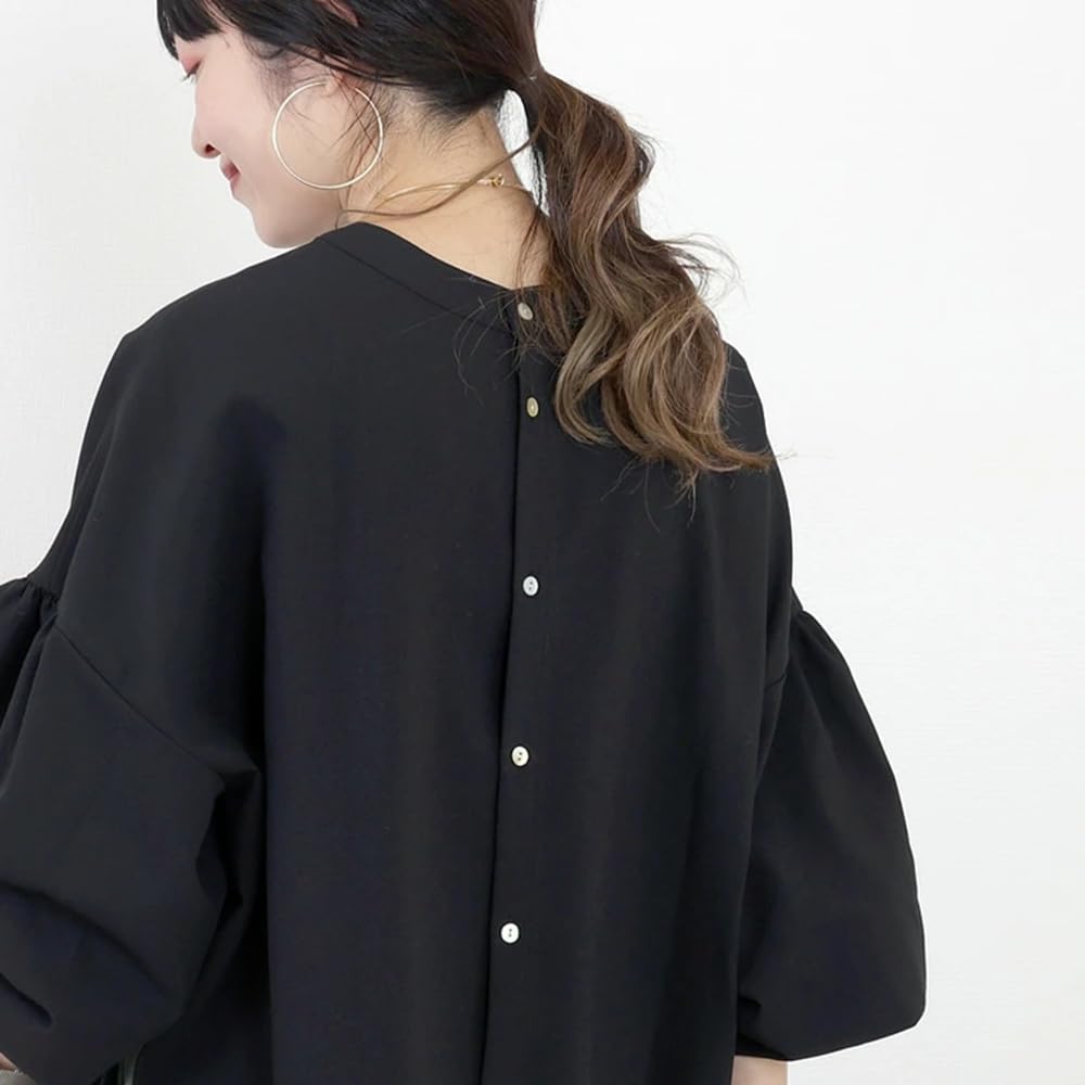 [BXINF] Women's Long Sleeve Shirt, Crew Neck, Thin, Loose Fit, Summer/Autumn, Solid Color (JP, Alphabet, Free Size, Black)