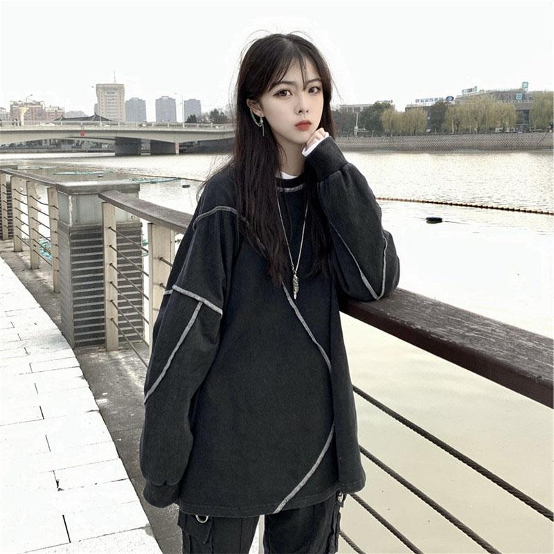 Felpe con cappuccio senza cappello Harajuku BF Style Nero Hip-hop Chic Teens Felpe Autunno Trendy All-match Daily Simple Womens Streetwear Nuovo