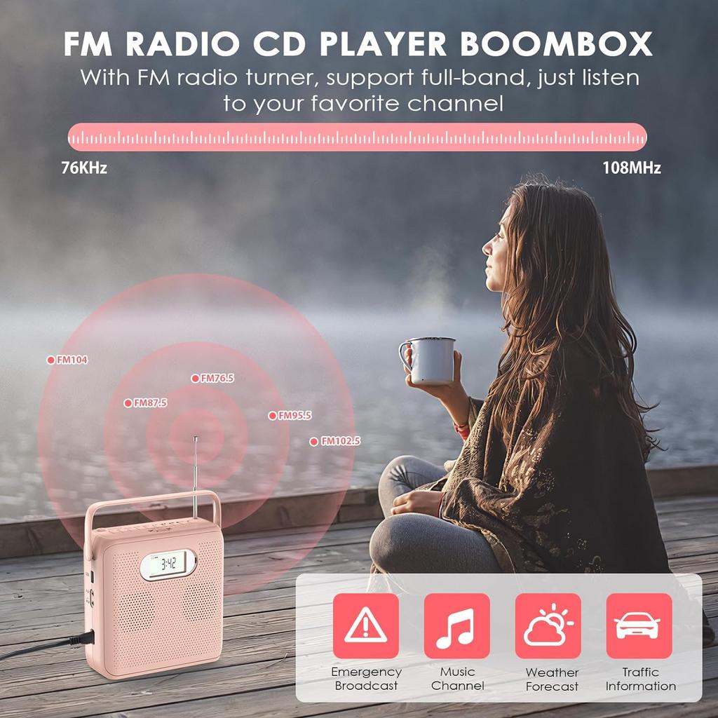 Portable CD Player with Bluetooth CD Player with Two Speakers FM Radio LCD Display CD Player Boombox USB Support AT Playback Headphone Jack