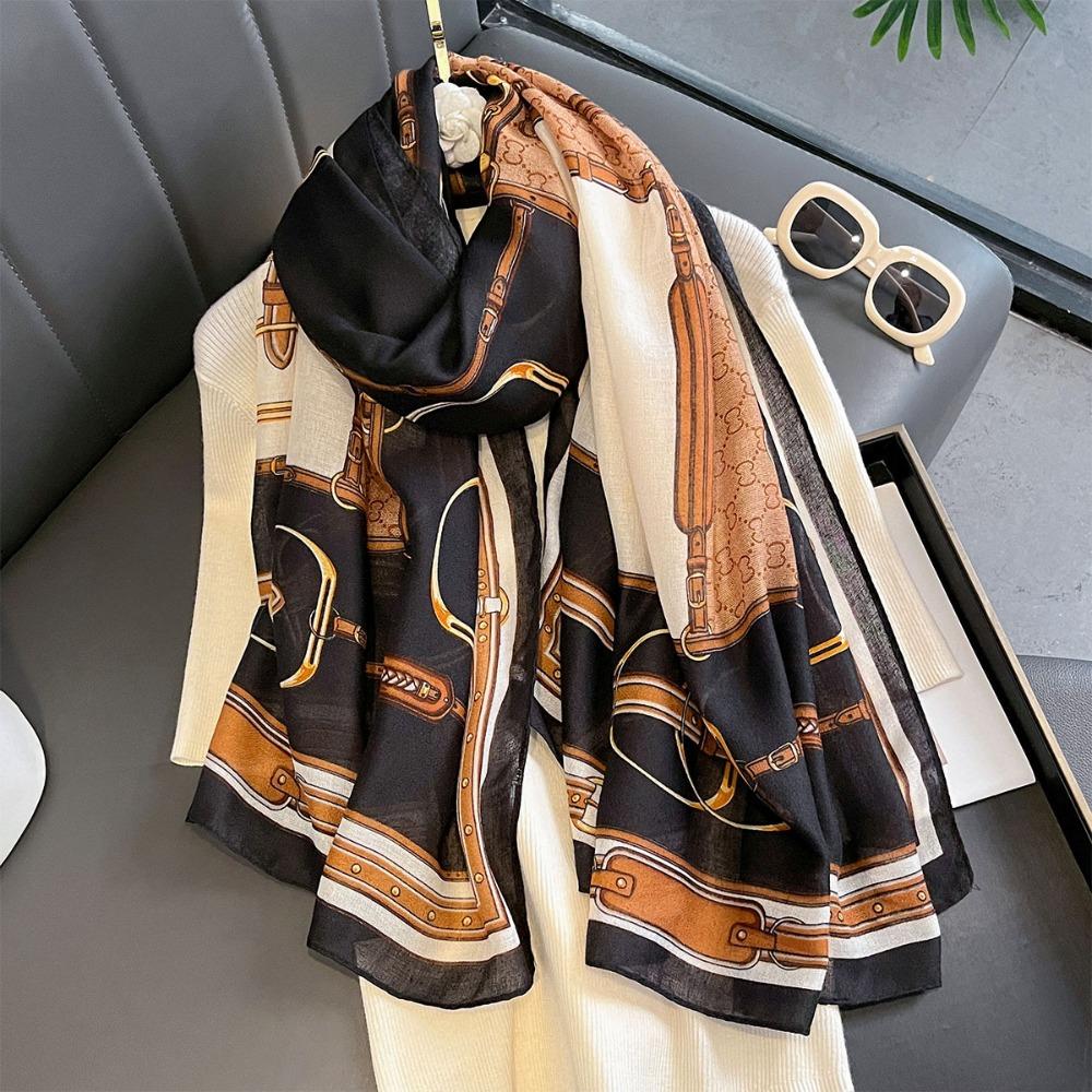 180x85cm Chain Print Scarf - Women's Autumn/Winter Cotton Hemp Warmth-Supportive Sun Protection Wraparound Neck Cover