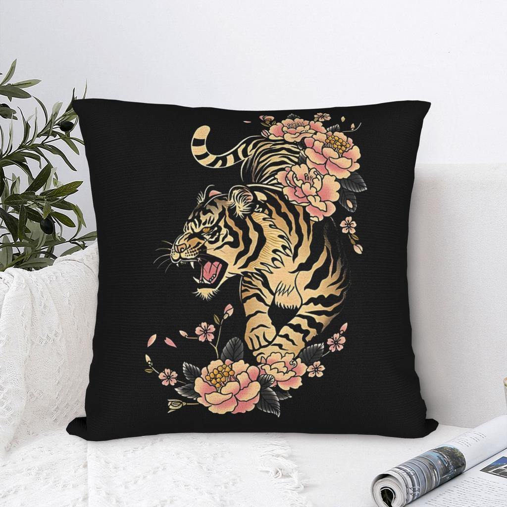 Double-Sided Japanese Style Tiger Pink Floral Pillowcase - Modern Decorative Cushion Cover With Zipper, Machine Washable