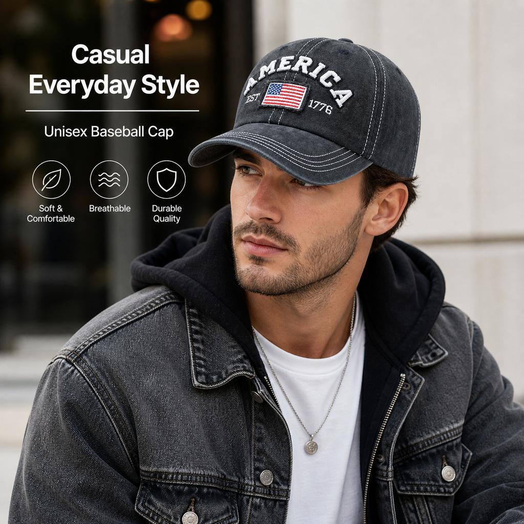 Vintage gewaschene Baumwoll-Baseballkappe für Herren Damen USA-Flagge gestickt Dad Hat Retro Amerika 1776 Snapback Outdoor-Sonnenhüte