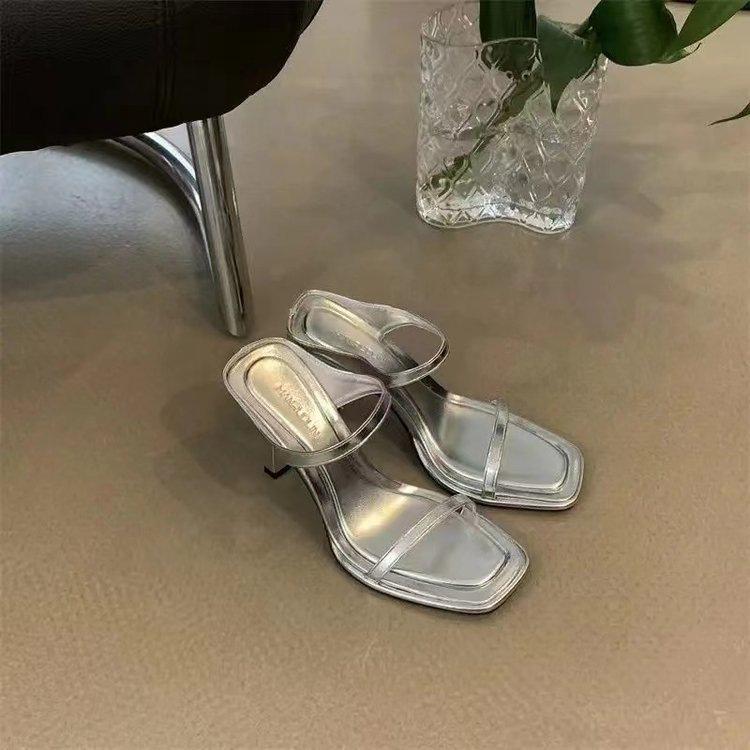 2025 Summer Internet Celebrity New Style with Skirt, High Heel Sandals Women's Fashion Silver Black One Word Slippers