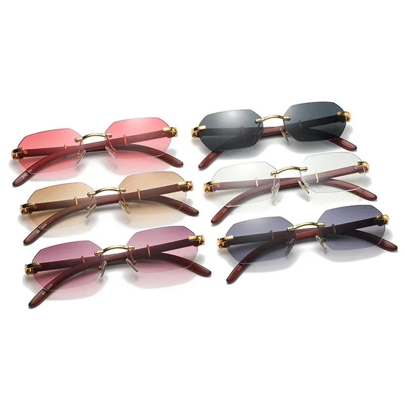 Vintage Rimless Rectangle Sunglasses Irregular Small Square Wood Frame Shades Gold Polygonal UV400 Protection Unisex Eyewear