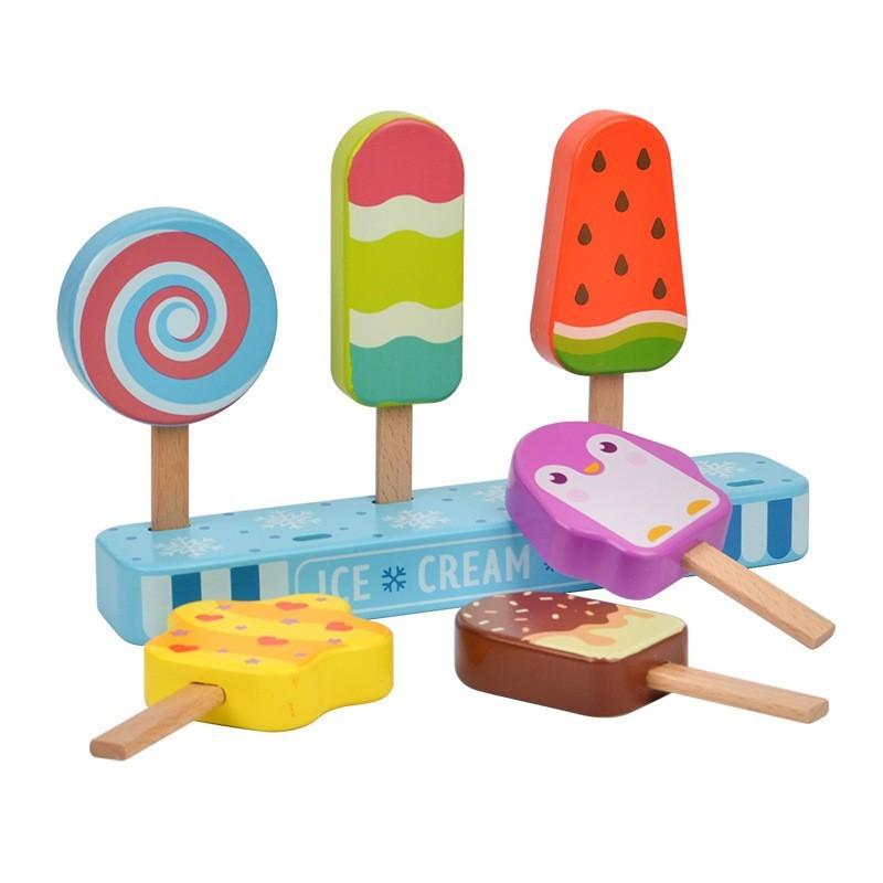 Kids Wooden Pretend Play Ice Cream And Lollipop Set With Interactive Logic Toys For Children
