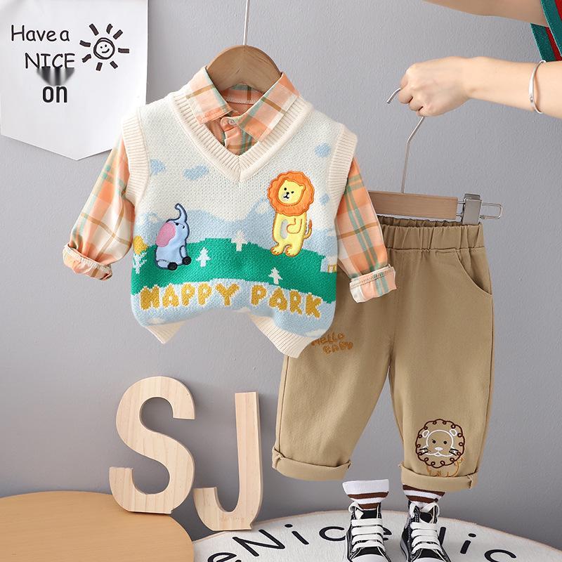 

2023 Autumn Boys Korean Casual Vest & Cartoon Sweater Three-Piece Suit 80 cm