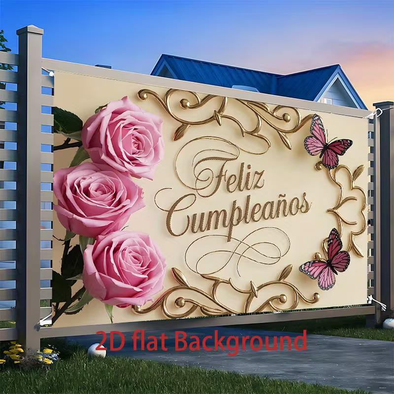 2D Feliz Cumpleaños Backdrop, Pink Rose Butterfly Birthday Party Decoration