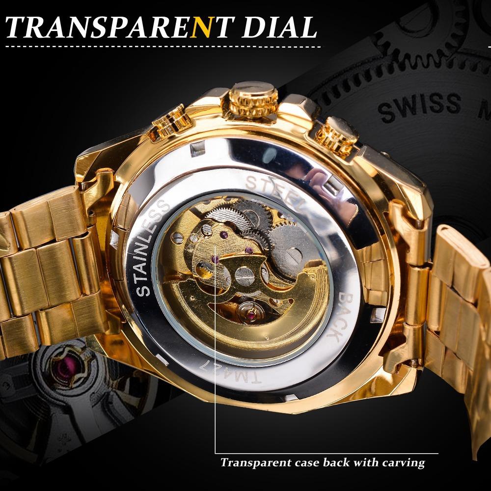 Moda Vincitore Top Brand Uomo Casual Scheletrato Automatico Meccanico Cinturino Completamente in Acciaio Inossidabile Lusso Dorato Orologi da Business