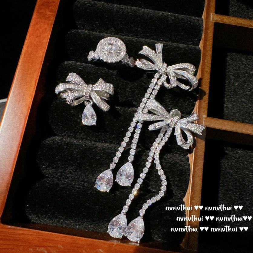 Princess On The Run Bow Gemstone Ring, Rich Daughter Gold, 18K Gold Plated, Butterfly Water Drop Zircon Earrings Combination