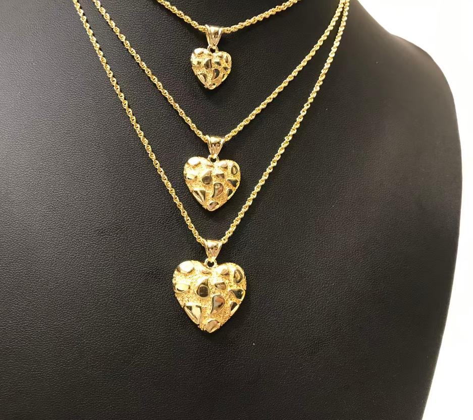 Hip Hop Unique Design Gold Nugget Diamond Cut Heart Shaped Charm Pendant Necklace for Women/Men Jewelry