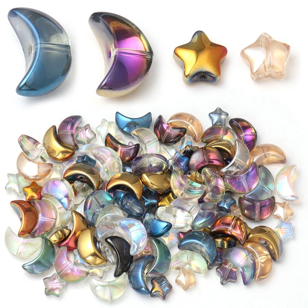 50pcs Mixed Crystal Glass Star Moon Beads AB Color Loose Beads For Jewelry Making DIY Bracelets Necklace Keychain Accessories