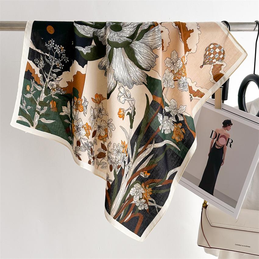 French Pastoral Garden Neck Scarf 65 × 65Cm Thin Plant Flower Cotton And Linen Scarf Velvet Scarf Women