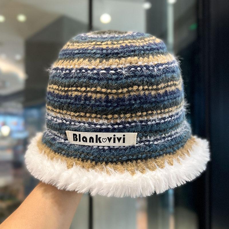 Japanese Colorful Striped Color Blocked Fisherman Hat Women s Dopamine Knitted Wool Hat Autumn and Winter Retro Street Style Basin Hat One size