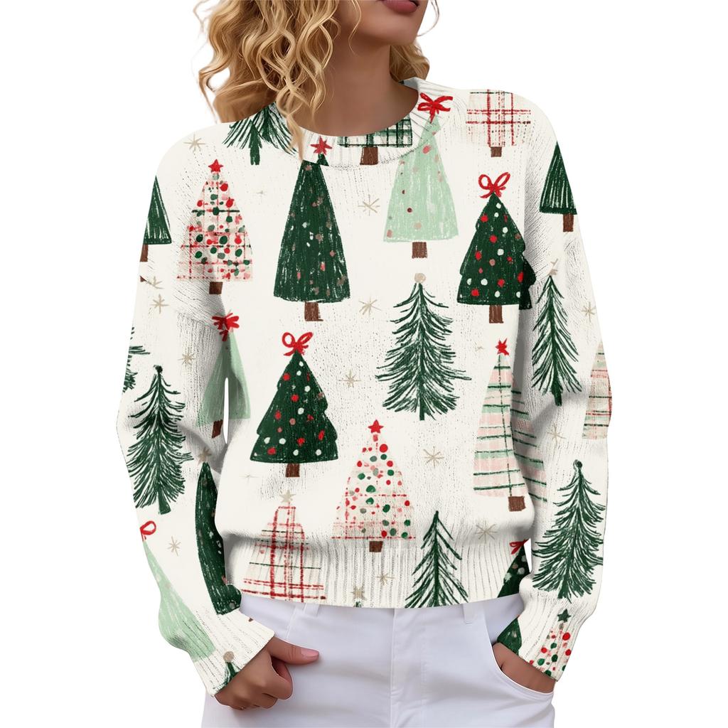 Women's Soft Christmas Print Crewneck Long Sleeve Sweater for Fall and Winter