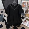 Übergröße V-Ausschnitt Mittellang Locker Kurzarm T-Shirt für Damen