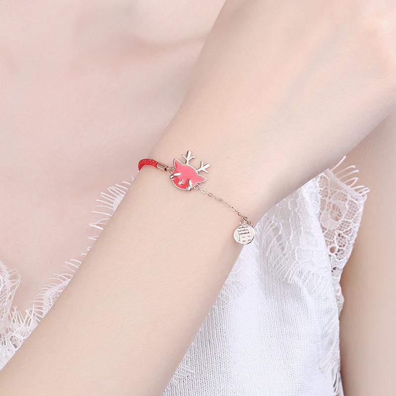 S925 Sterling Silver Antler Bracelet with Temperature-Sensitive Color Change, Woven Red Rope, Chinese Style Women's Christmas Jewelry Gift.