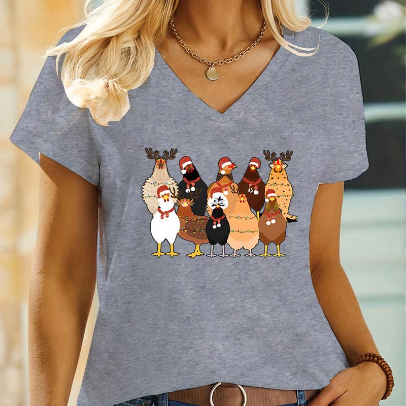 Cute Christmas Chickens Animals Print Womens TShirt VNeck Short Sleeve Funny Tops Tees Fashion Casual Xmas Gift Loose T Shirt