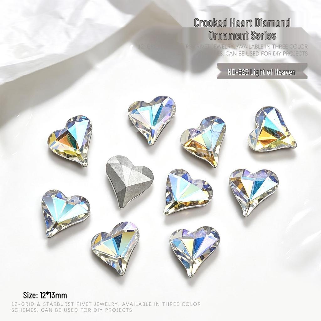 "10-Piece Heart-Shaped Nail Art Accessories with Pointed Bottom Transparent and Colorful Diamonds"