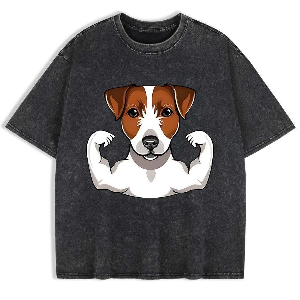 Russell Terrier Puppy Cotton Washed T-Shirts Mens Oversize T Shirts Casual Comfortable Short Sleeve Tops O-Neck Clothes