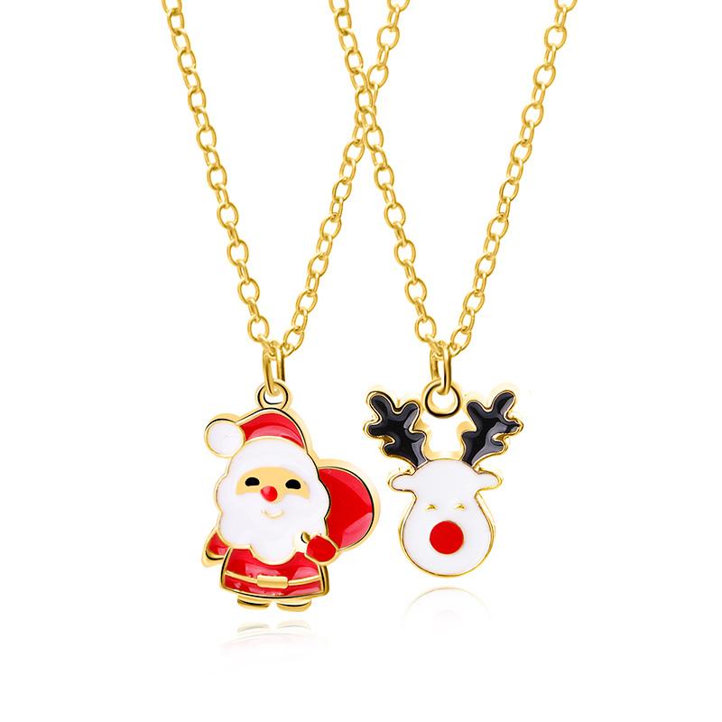 

2 Pcs/Set Santa Claus and Rudoph Elk Shaped Necklace Merry Christmas Golden Jewelry Xmas Gift