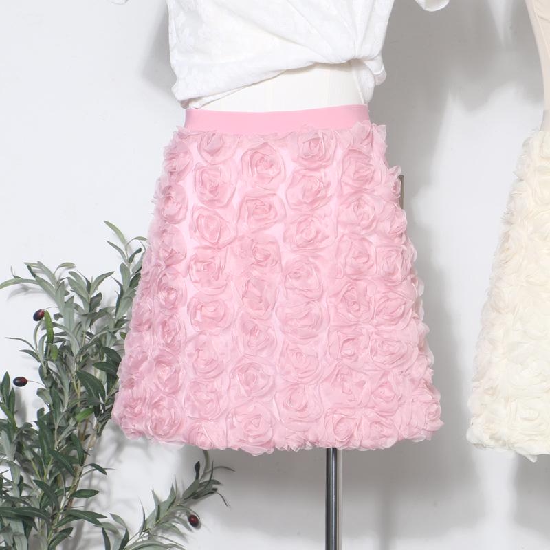 3D Rose Midi Tulle Skirt - Fluffy, Elastic High Waist, Slimming, Versatile A-line for Women