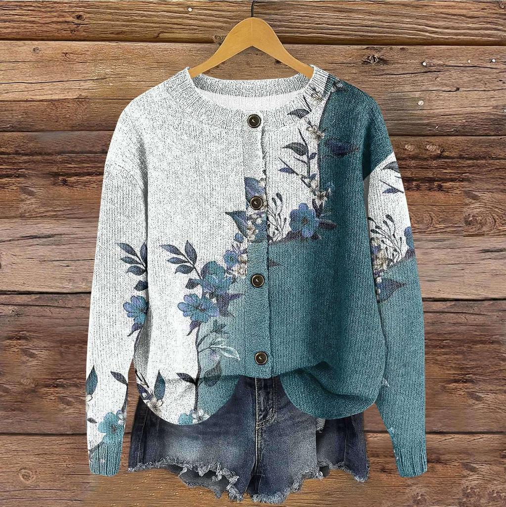 Women's Vintage Knit Button Vintage Floral Stripe Print Cardigan Jacket