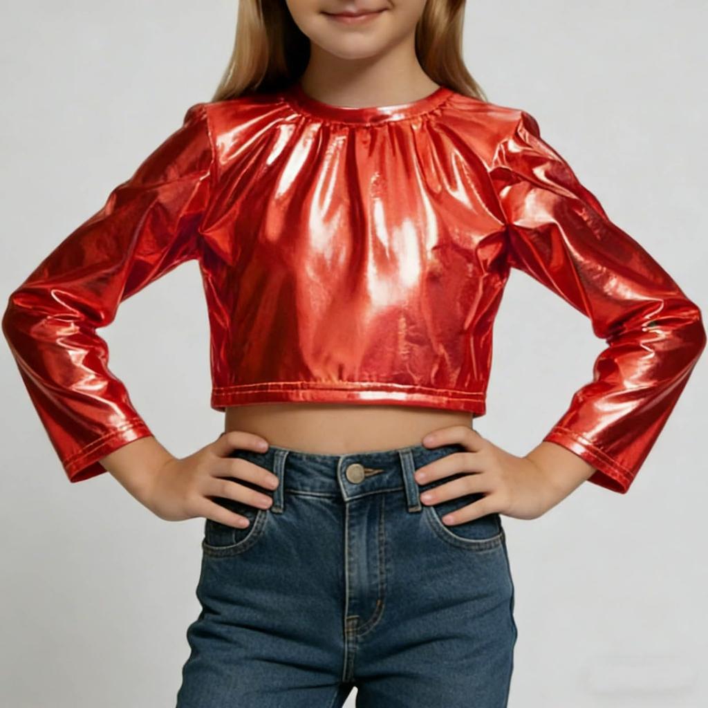 Långärmad tröja för flickor  Glänsande  Kortklippt  Rundhalsad Dans Disco Streetwear  Toppar