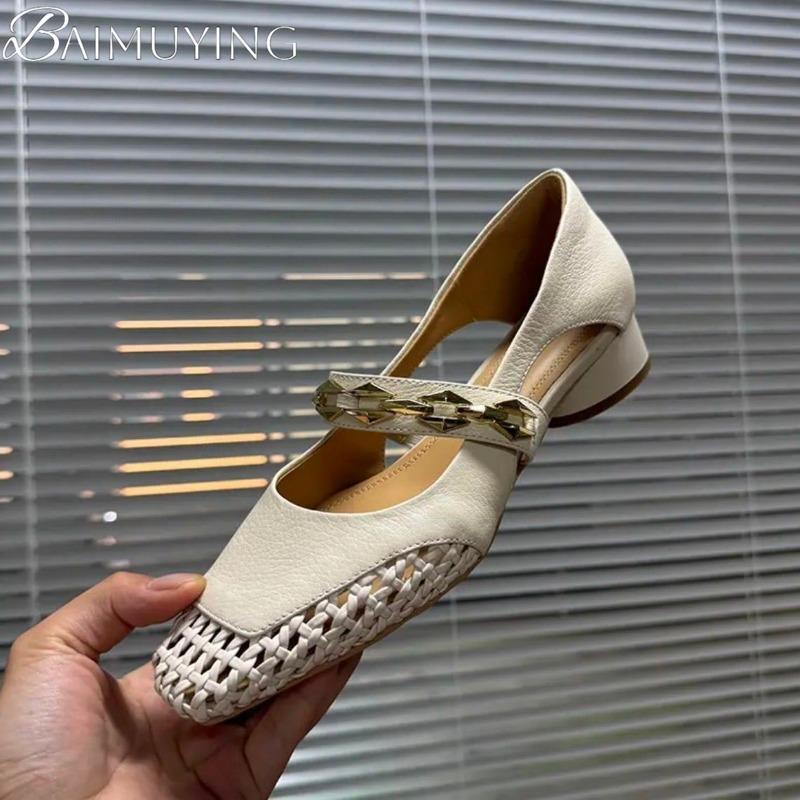 Square Toe Weave Shoes Women Chain Heeled Sandals Summer 2025 Trend Shallow Dress Woman Loafers Casual Soft Leather Sandalias