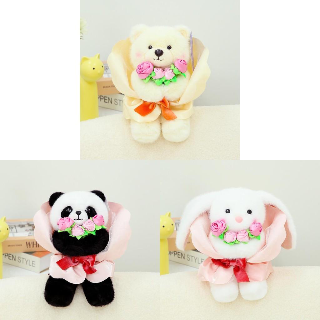 Themed Rose Floral Rabbit Stuffed Toy With Soft Short Fur For Romantic Gift