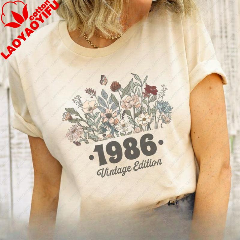 40th Birthday Shirt Flower 1986 Birth Year Number For Wounisex Graphic Tshirt Turning 40 Plus Gift Crewneck Shortsleev Tops
