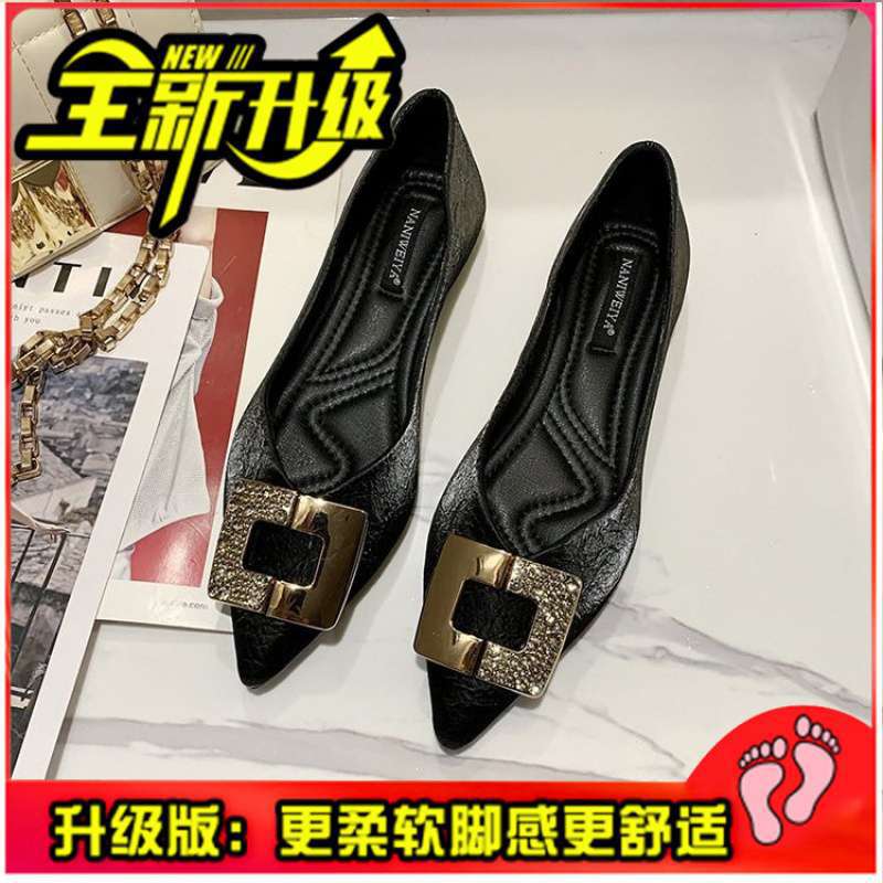 Ins Single Shoes Girl 2025 Spring New Korean Version Fairy Style Metal Buckle Pointed Tip Laden Shoes Soft Sole Foot Doudou Shoes
