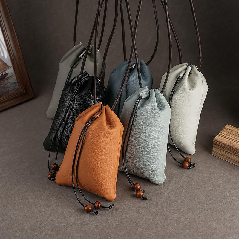 Drawstring Bundle Single Shoulder Messenger Bag First Layer Cowhide Lucky Bag Storage Wallet Mobile Phone Bag Genuine Leather Universal Water Cup