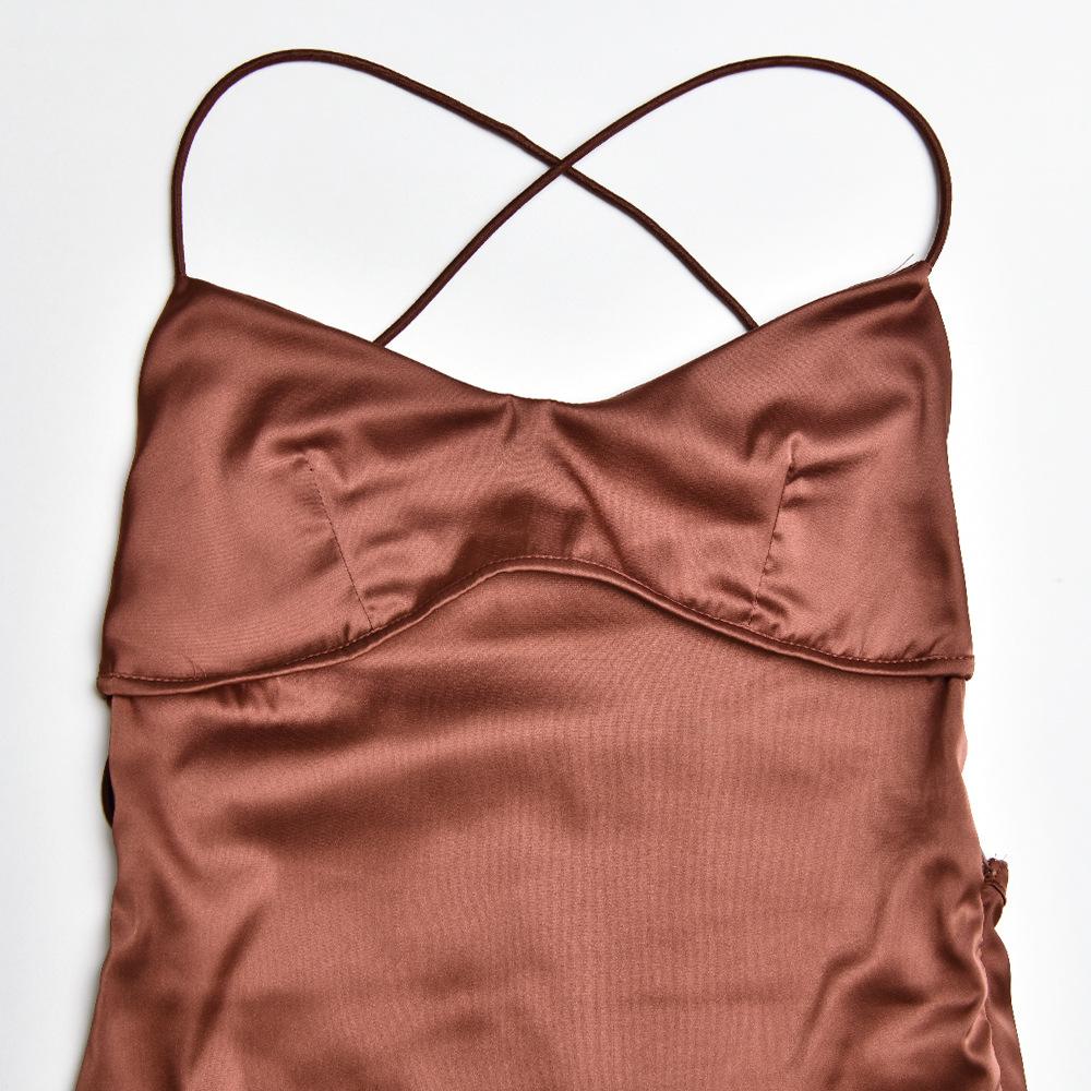 Women's Halter Satin Backless Strappy Waisted Long Dresses