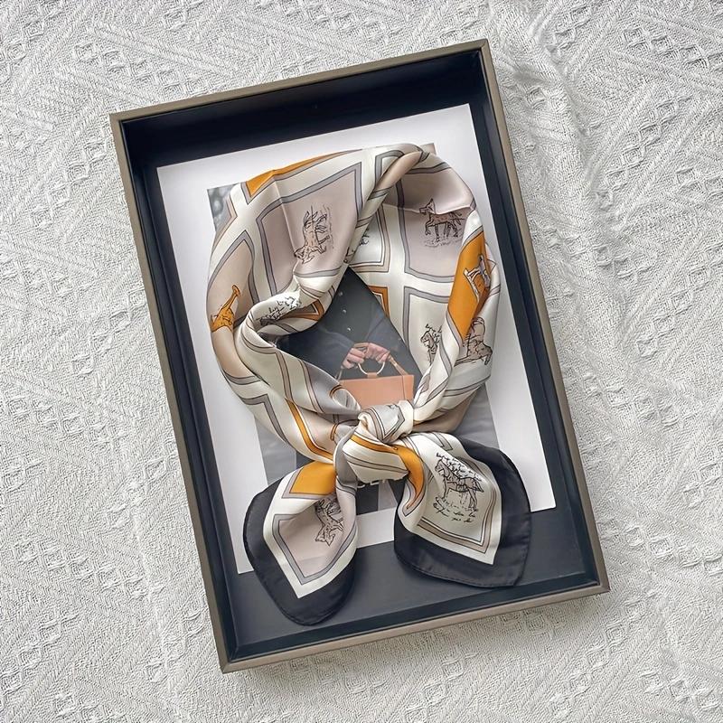 

68cm Plaid Horse Element Square Scarf for Women Imitation Silk Fashion Versatile Multi-purpose Headwear Clothing Scarf