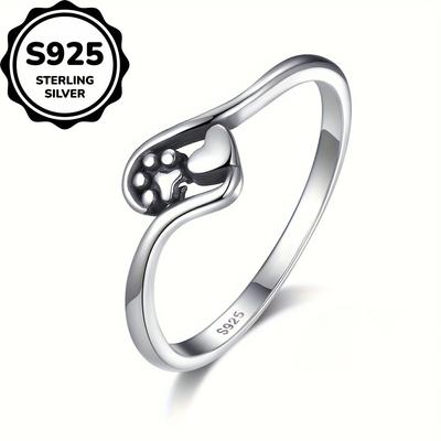 Real 925 Sterling Silver Vintage Small Black Heart Dog Cat Paw Claw Engagement Ring for Women Wedding Jewelry