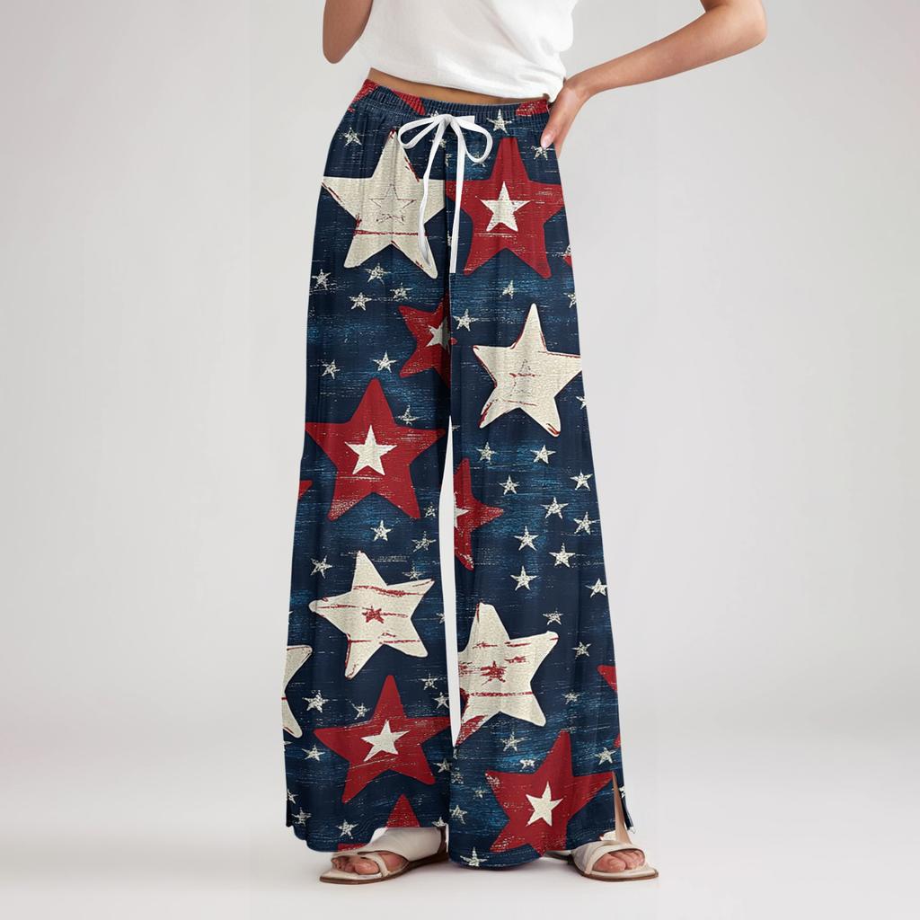 Ladies' loose casual independent day printed wide leg pants with elastic waist drawstring and pocket pants