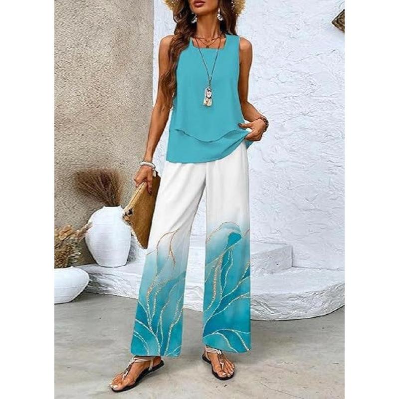 Women's Loose Fit Two Piece Outfit Sleeveless Tank Top High Waist Wide Leg Pants Set With 3D Abstract Print For Casual Summer Daily Wear