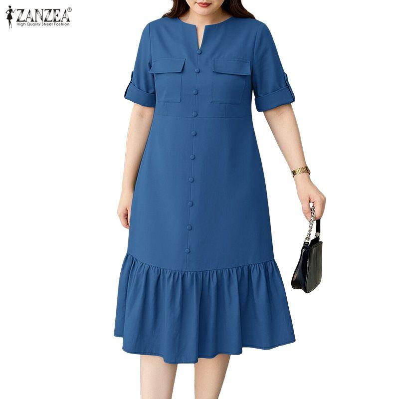 ZANZEA Women Casual Round Neck Loose Ruffles Hem Solid Color Half Sleeve Dress
