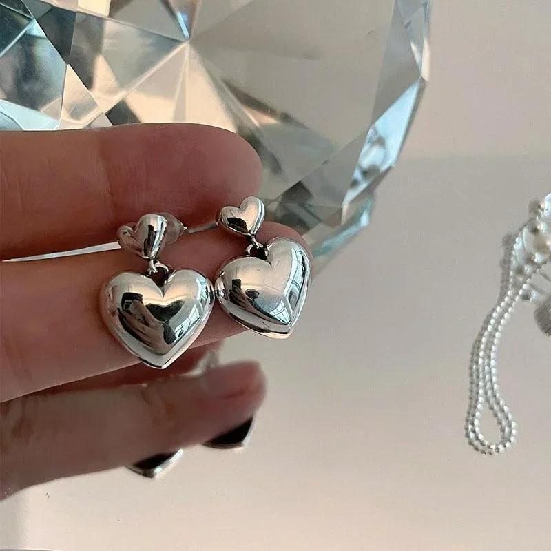 1 Pair Silver Color Stud Earrings Big Small Love Heart Shape Women Trendy Vintage Elegant Sweet Dual-Heart Pendant Jewelry