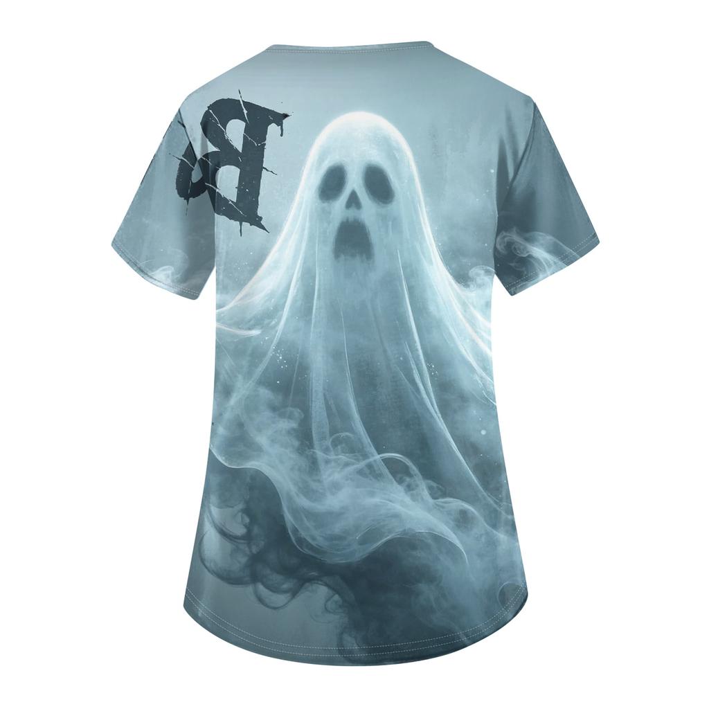 Women V Neck Short Sleeve Work Top with Pockets Halloween Print Nurse Uniform Scrub Shirt Medical Uniforms for Healthcare Professionals