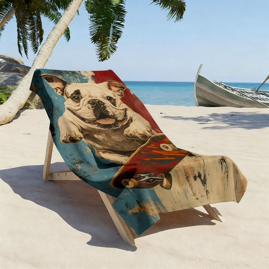 Skateboard Bulldog Theme polyester microfiber beach towel is highly absorbent, suitable for swimming and beach outings