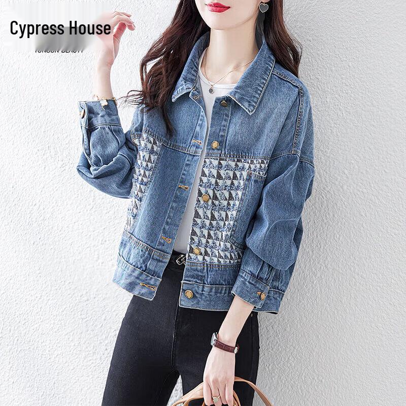 

Women s Relaxed Fit Plaid Patchwork Denim Jacket S