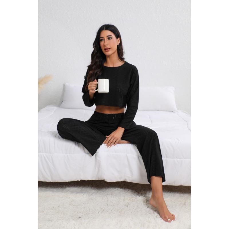 Spring Autumn Solid Color Simple Fashion Long Sleeve Crop Top Loose Casual Elastic Waist Pants Suit Women Set